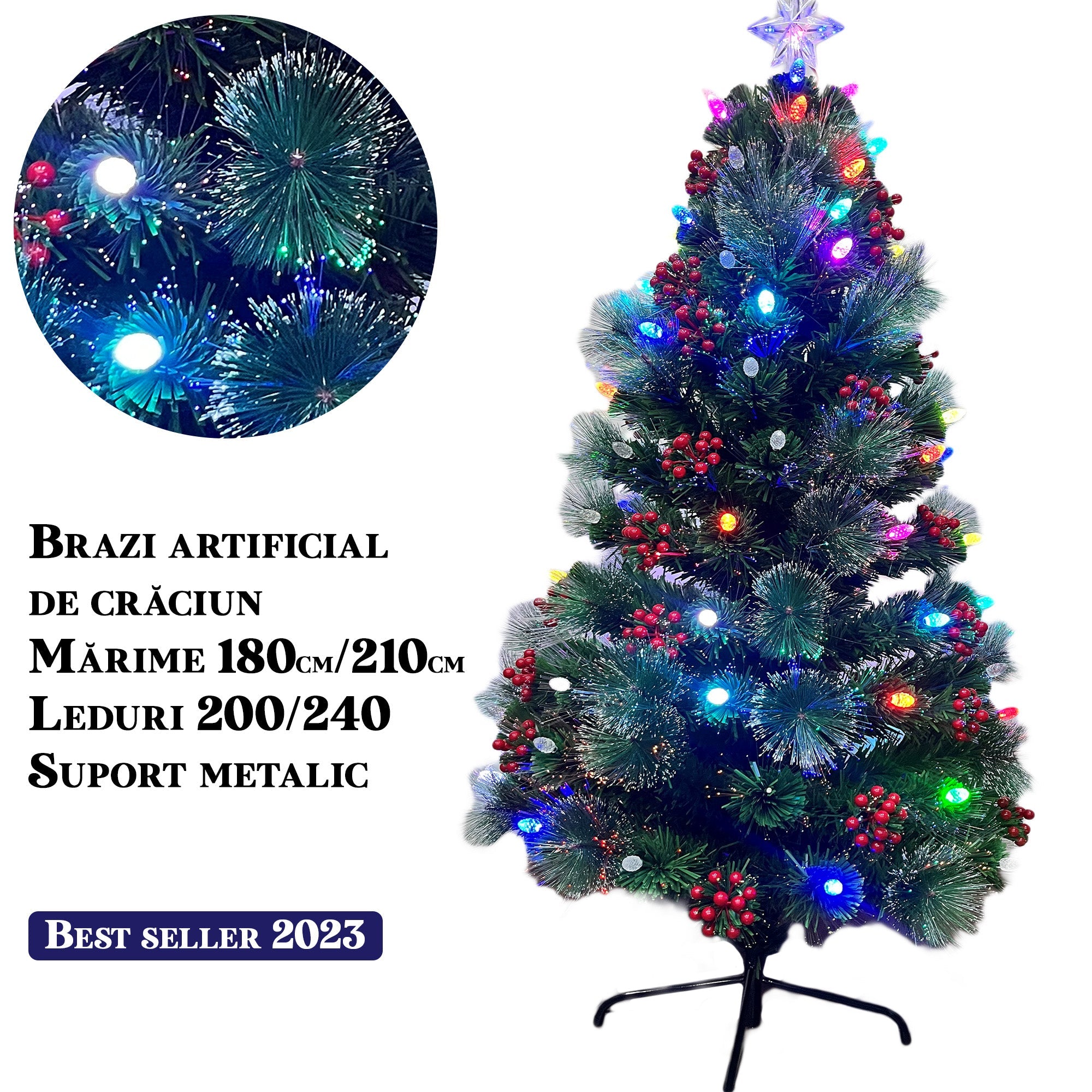 Brad artificial cu fibra optica multicolora si LED-uri, suport metalic, 180/210cm