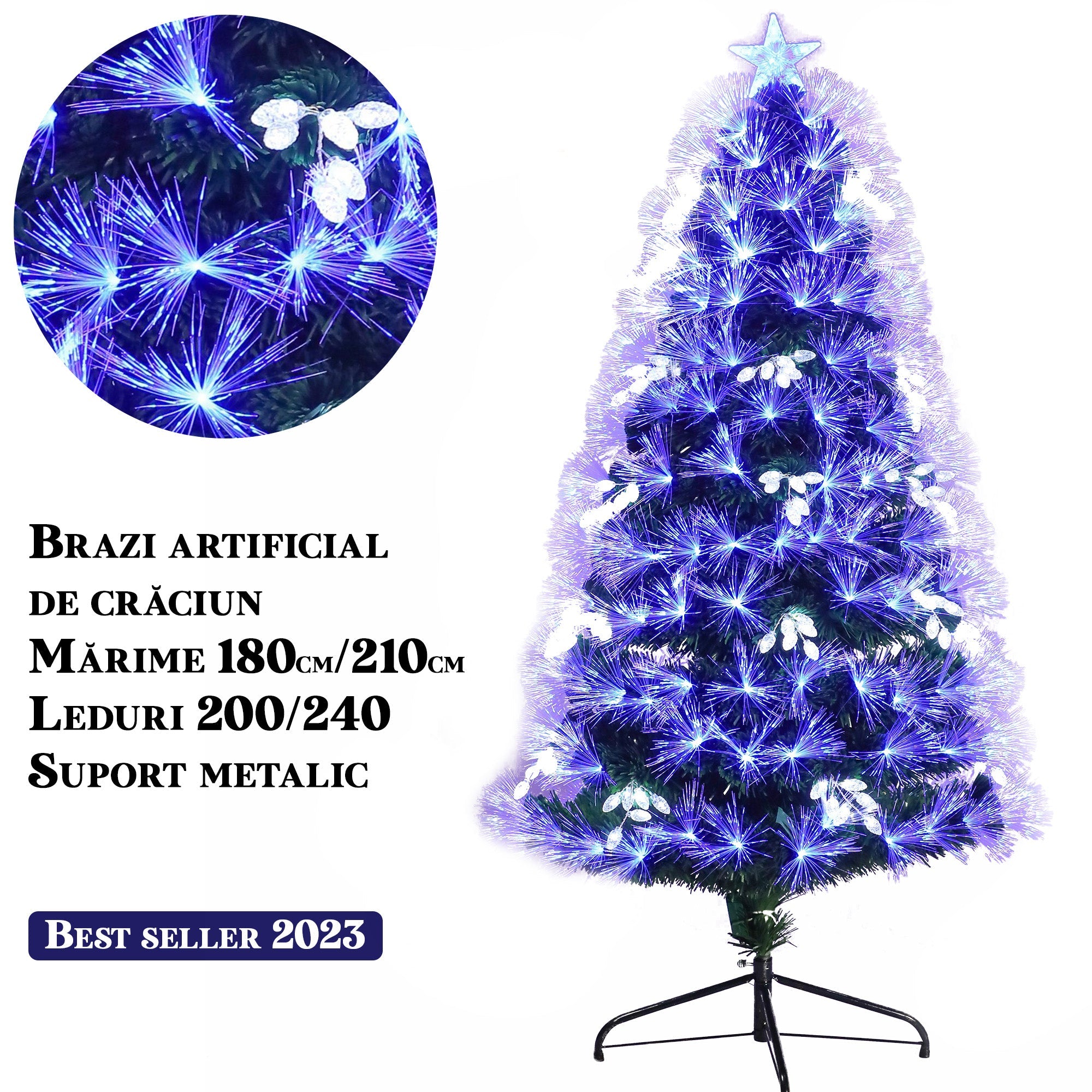 Brad artificial cu fibra optica multicolora si LED-uri, suport metalic, 180/210cm
