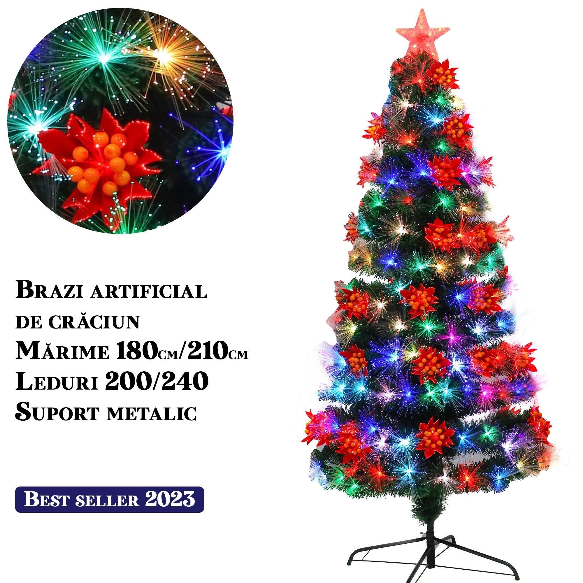 Brad artificial cu fibra optica multicolora si LED-uri, suport metalic, 180/210cm