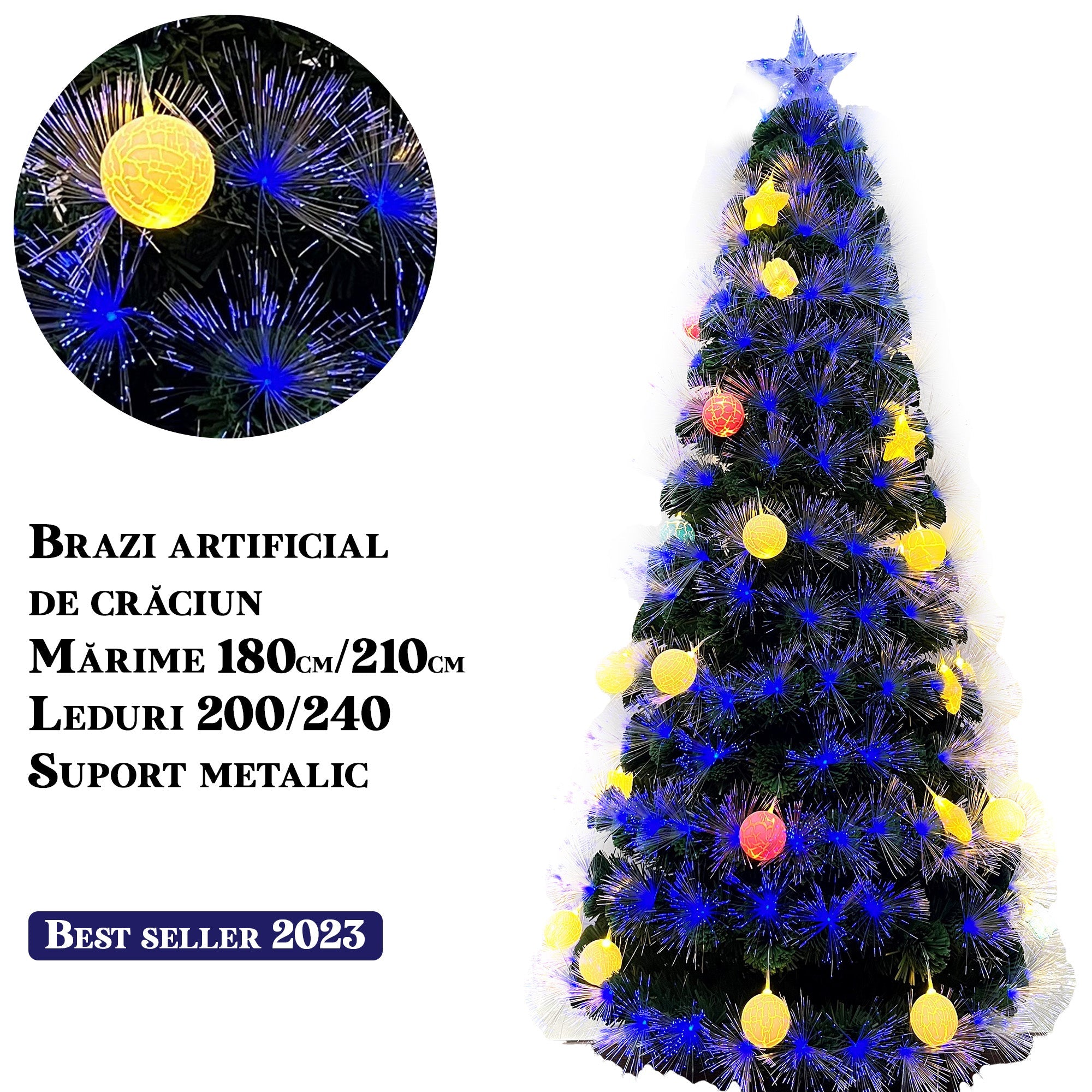 Brad artificial cu fibra optica multicolora si LED-uri, suport metalic, 180/210cm