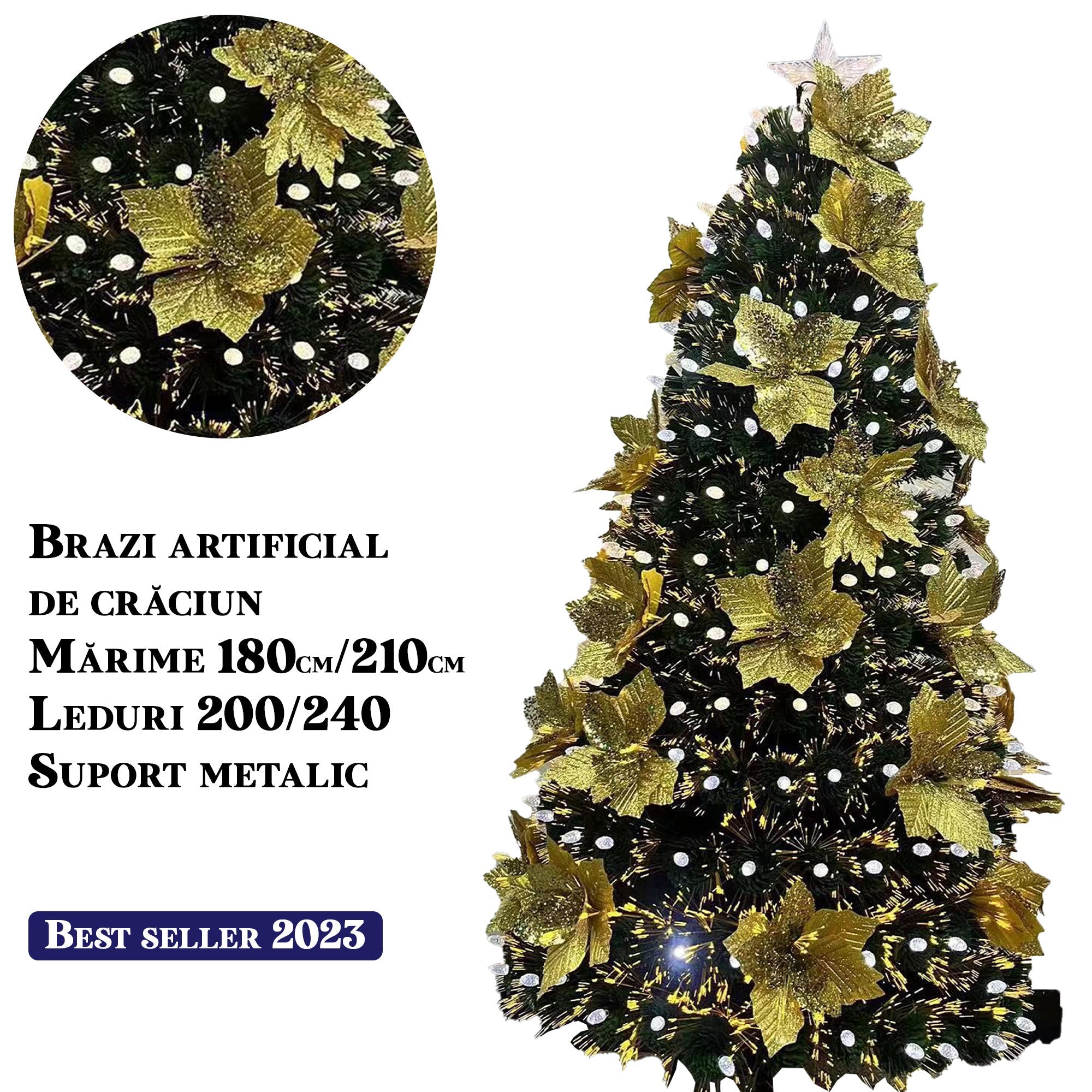 Brad artificial cu fibra optica multicolora si LED-uri, suport metalic, 180/210cm