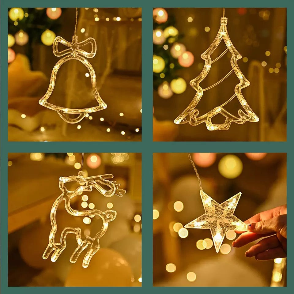 Instalatie de craciun perdea luminoasa cu figurine brazi, reni si clopotei