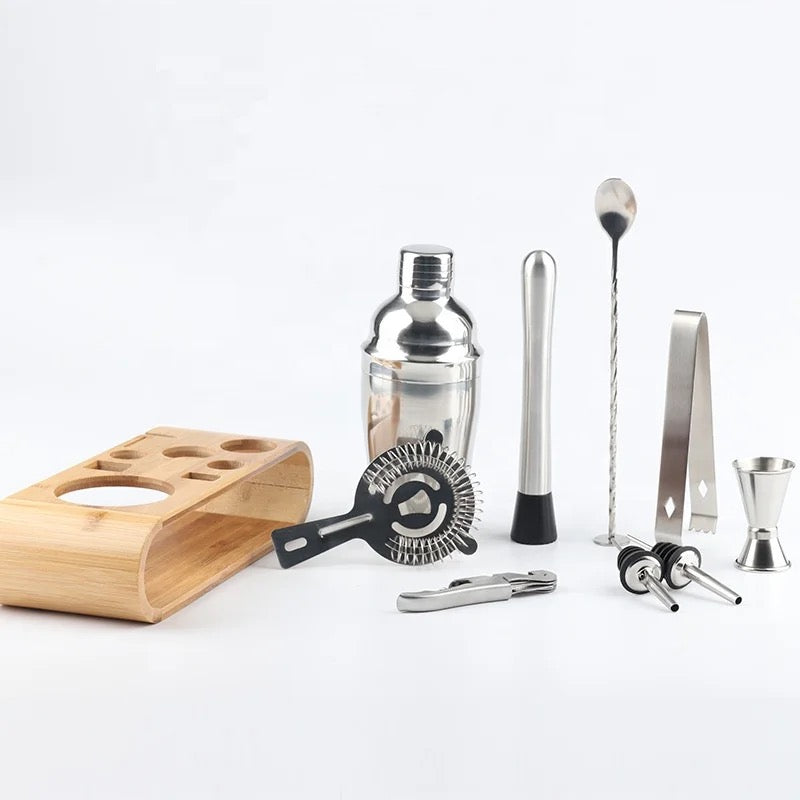 Kit pentru barmani, cocktail shaker, suport bambus, inox, set 10 piese, 750ml, Springos