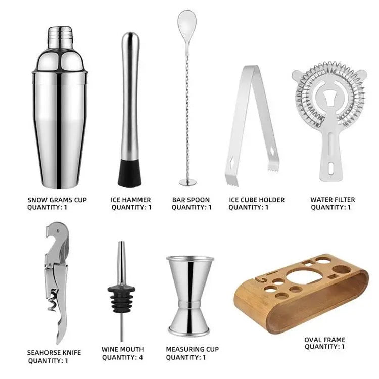 Kit pentru barmani, cocktail shaker, suport bambus, inox, set 10 piese, 750ml, Springos