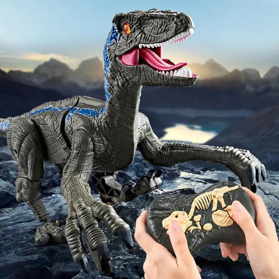 Figurina Dinozaur cu telecomanda, mers pe jos, Velociraptor cu lumini si sunet, Gri