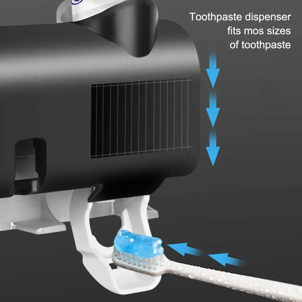 Dozator pentru pasta de dinti cu alimentare solara si sterilizator UV pentru periute