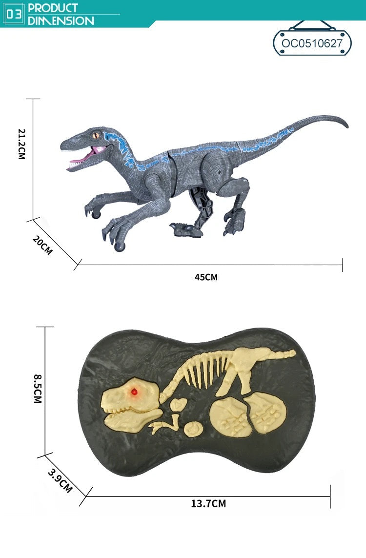 Figurina Dinozaur cu telecomanda, mers pe jos, Velociraptor cu lumini si sunet, Gri