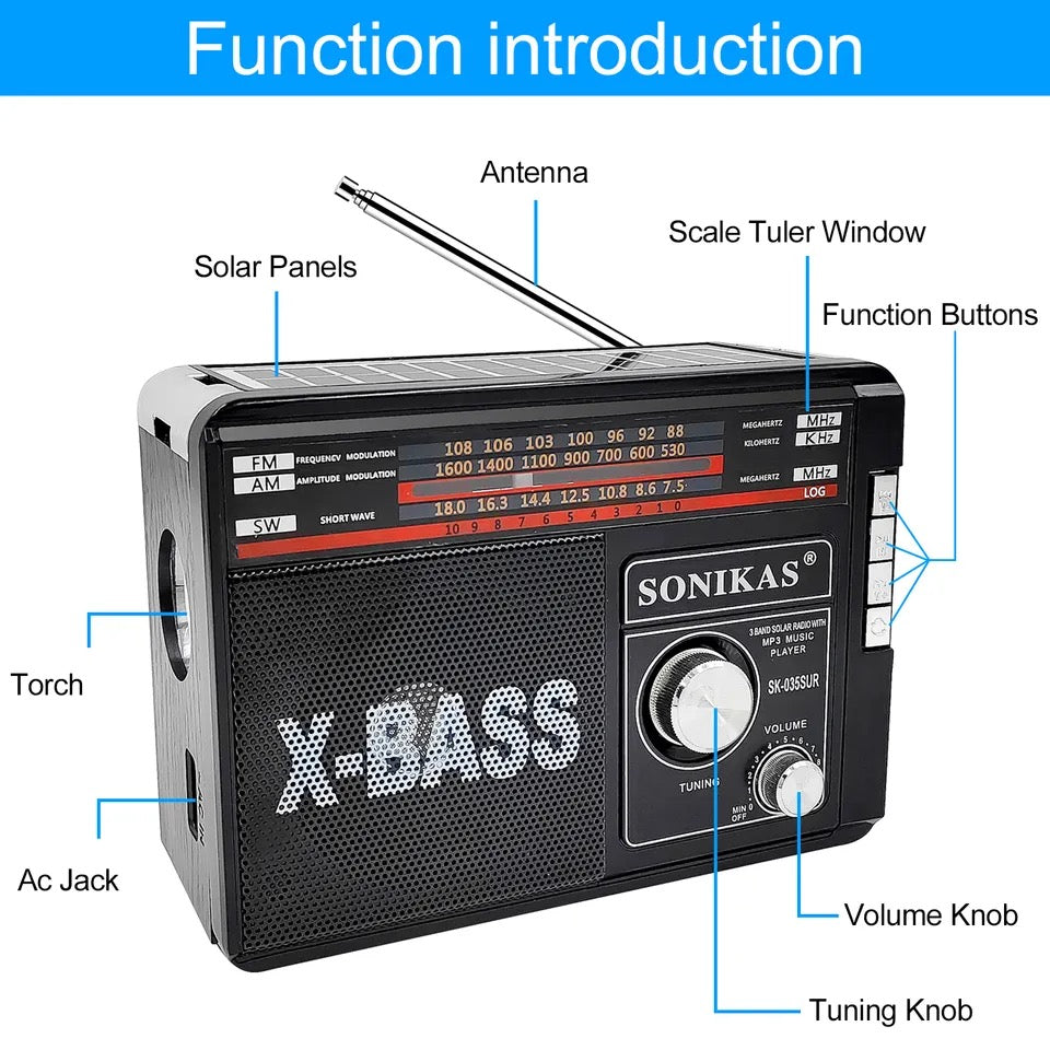 Radio portabil solar cu Bluetooth, MP3 Player si lanterna , AM/FM/SW