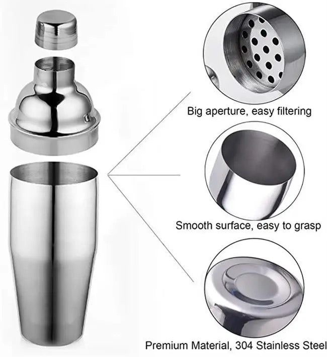 Kit pentru barmani, cocktail shaker, suport bambus, inox, set 10 piese, 750ml, Springos