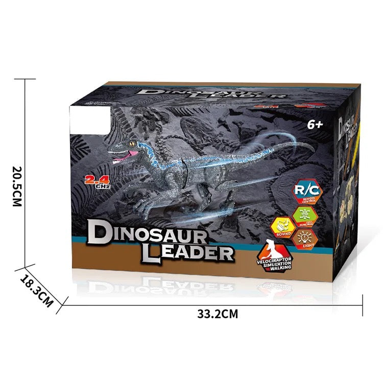 Figurina Dinozaur cu telecomanda, mers pe jos, Velociraptor cu lumini si sunet, Gri