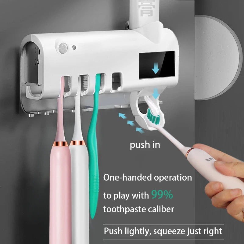 Dozator pentru pasta de dinti cu alimentare solara si sterilizator UV pentru periute